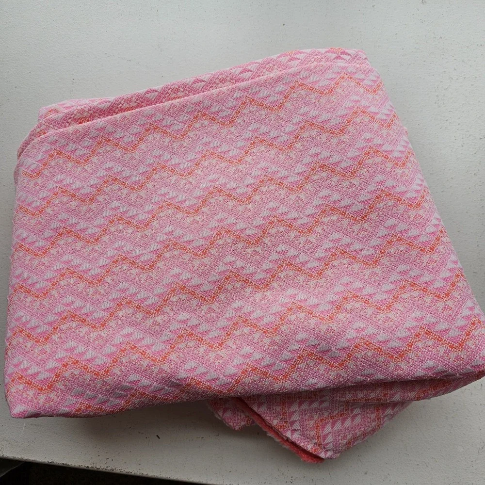 1970s Vintage Pink Orange Salmon Geometric Linear Polyester Fabric Yardage #69